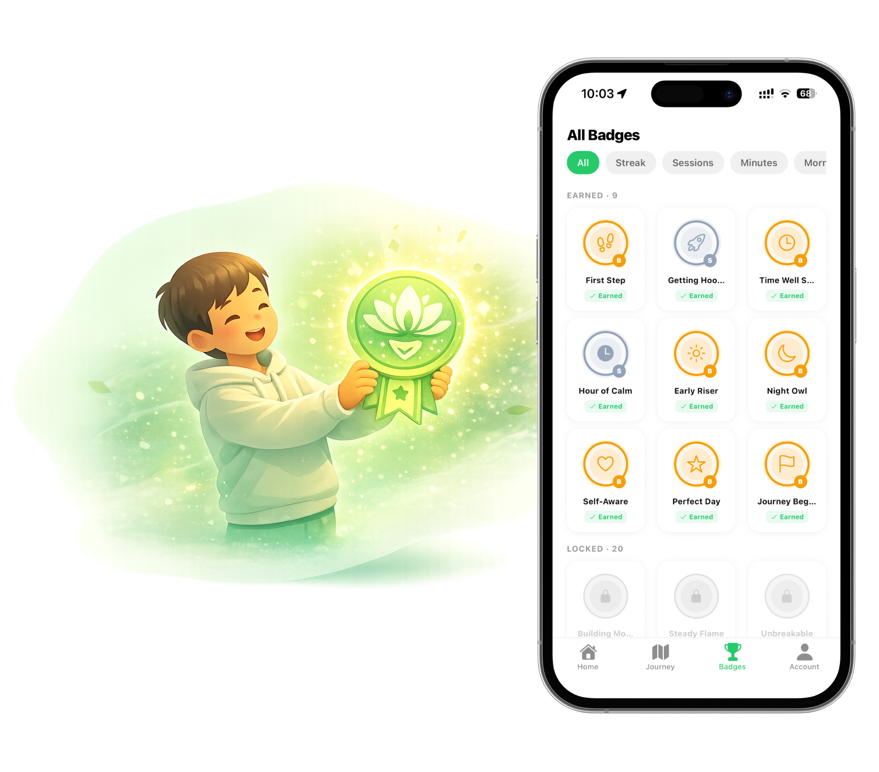 RelaxFrens badges - earn achievements as you progress in your meditation journey