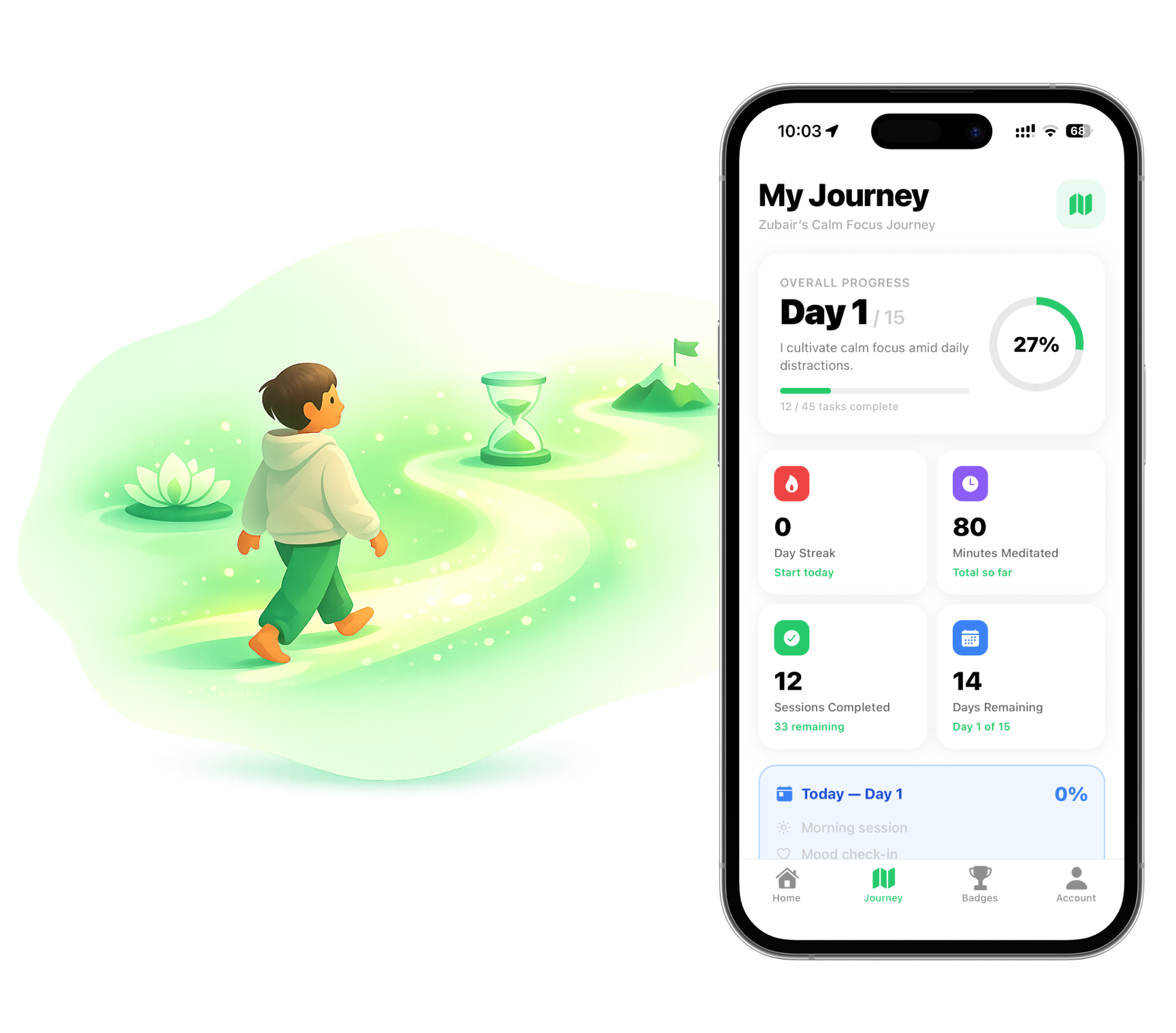 RelaxFrens journey tracking - meditation streaks, daily tasks, and progress