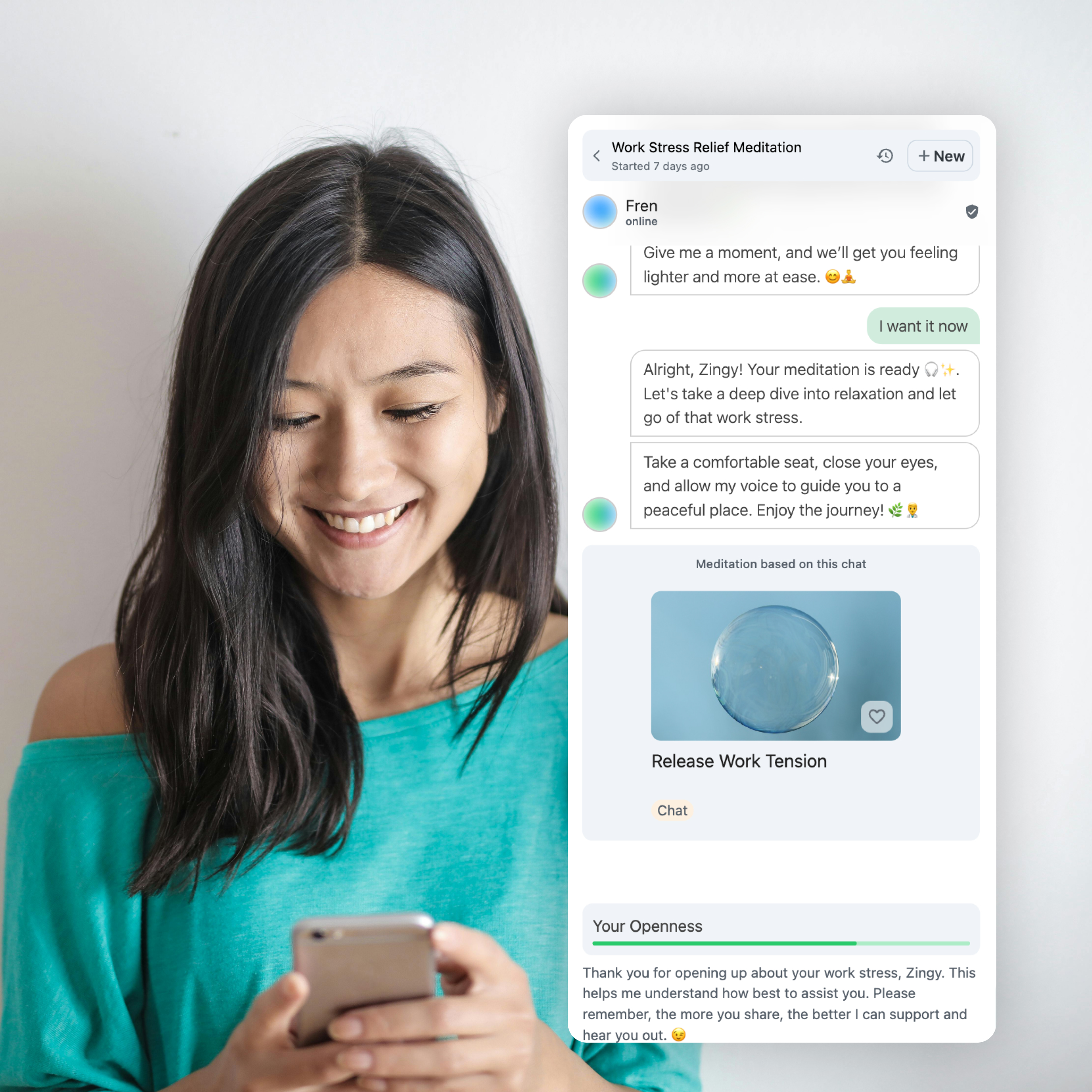 RelaxFrens AI chat interface showing personalized conversation with Fren for anxiety relief and mental health support