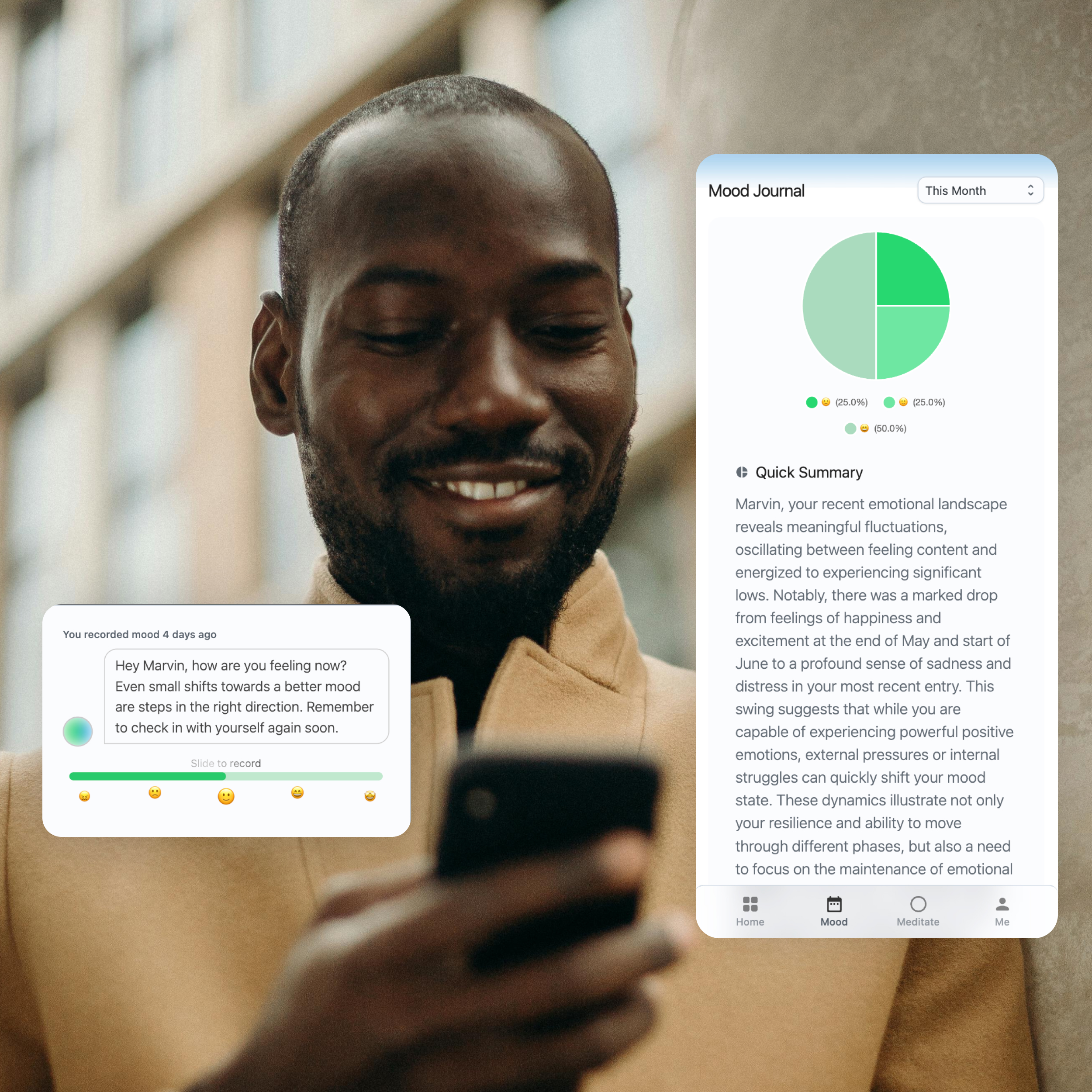 RelaxFrens mood tracking feature showing emotional insights, stress patterns, and mental health progress