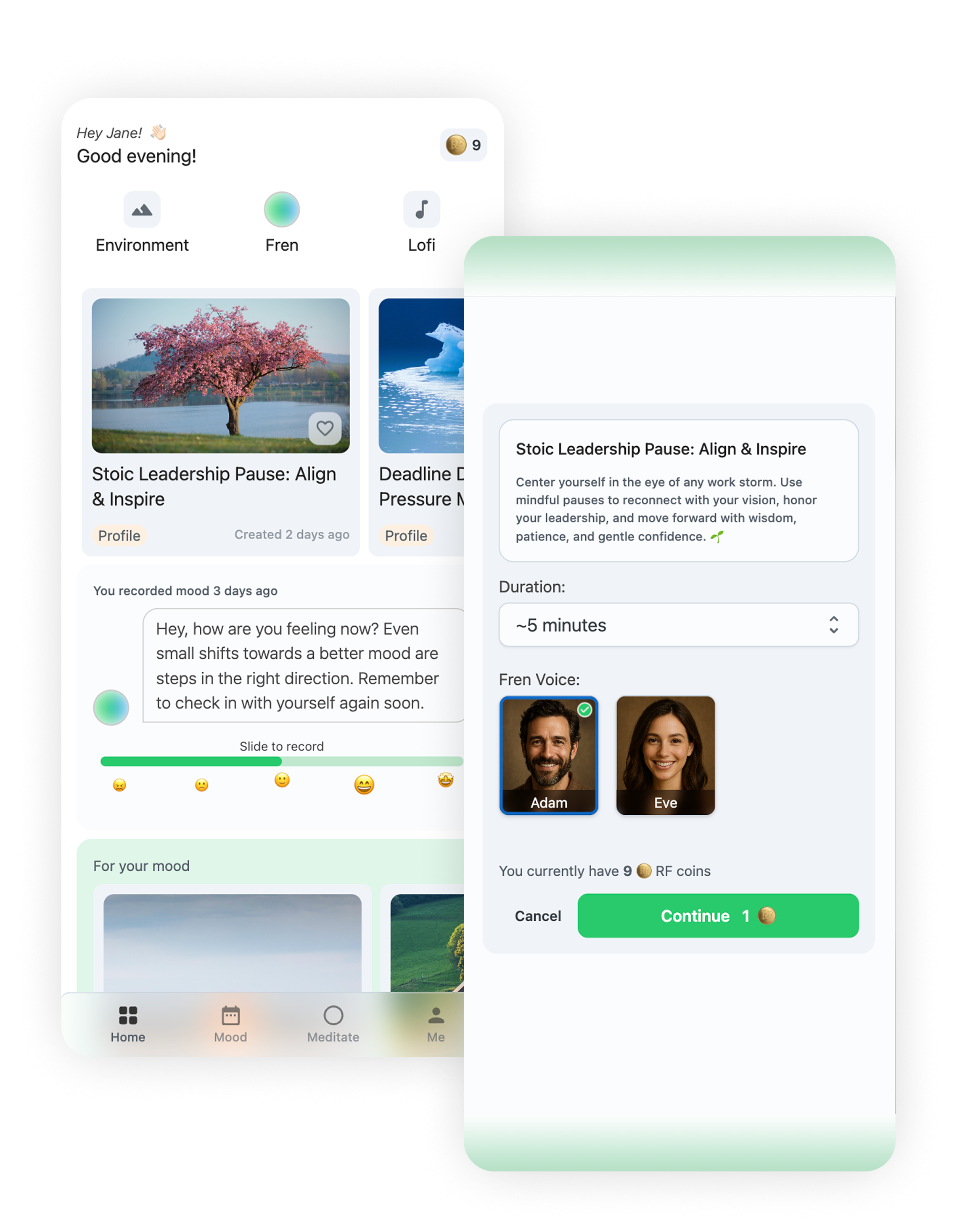 RelaxFrens stress relief meditation app showing guided sessions for natural stress reduction